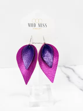 Leather Stacked Petal Earring Metallic Purple on Metallic Showgirl Pink