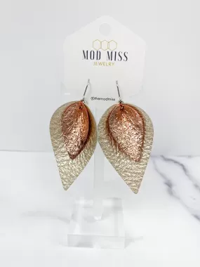 Leather Stacked Petal Earring Metallic Rose Gold   Metallic Pearl