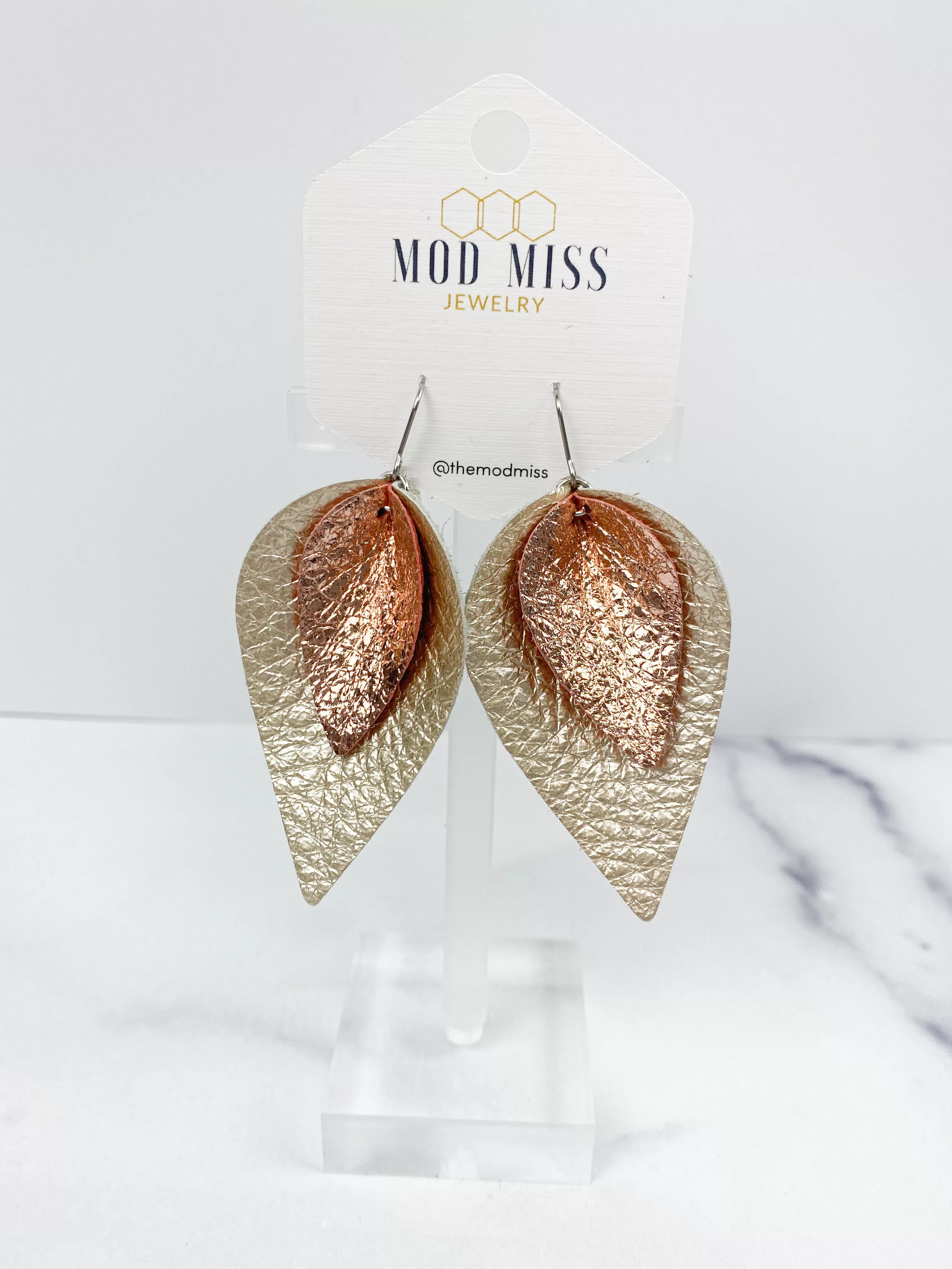 Leather Stacked Petal Earring Metallic Rose Gold   Metallic Pearl