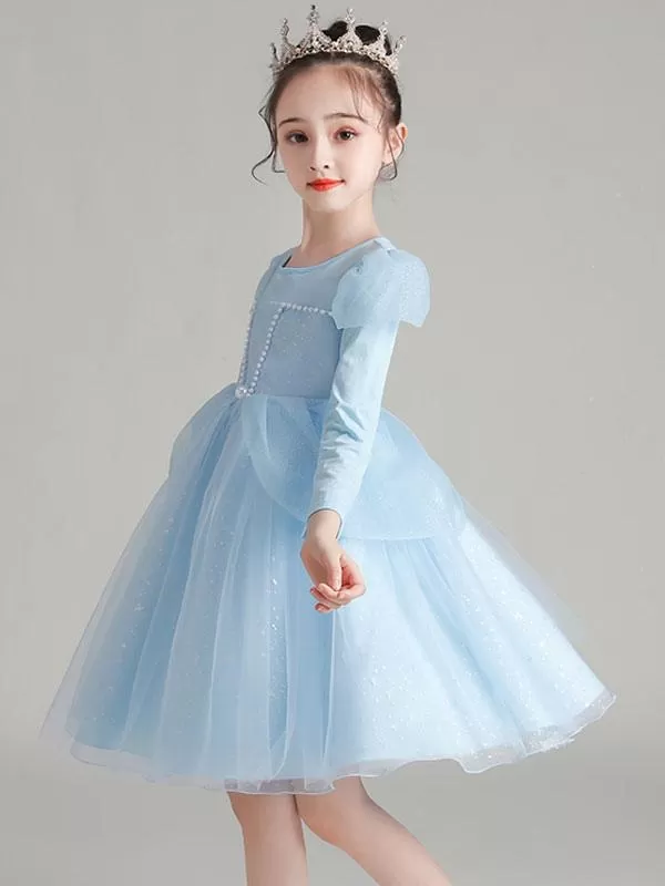 Long Sleeves Knee-Length A-Line Beaded Flower Girl Dresses Light Blue Jewel Neck Formal Kids Pageant Dresses