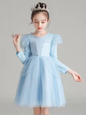 Long Sleeves Knee-Length A-Line Beaded Flower Girl Dresses Light Blue Jewel Neck Formal Kids Pageant Dresses