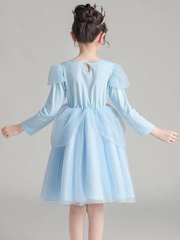 Long Sleeves Knee-Length A-Line Beaded Flower Girl Dresses Light Blue Jewel Neck Formal Kids Pageant Dresses