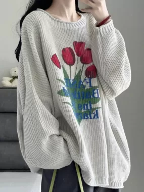 Loose-Fitting Knitted Sweater With Retro Floral Print