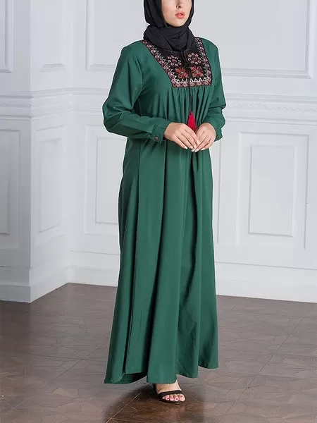 (M-7XL) Gillian Green Tassel Tie Plus Size Abaya Hijab Muslim Long Sleeve Maxi Dress