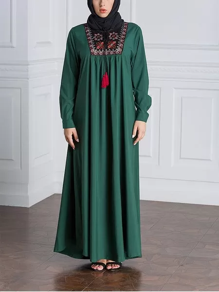 (M-7XL) Gillian Green Tassel Tie Plus Size Abaya Hijab Muslim Long Sleeve Maxi Dress