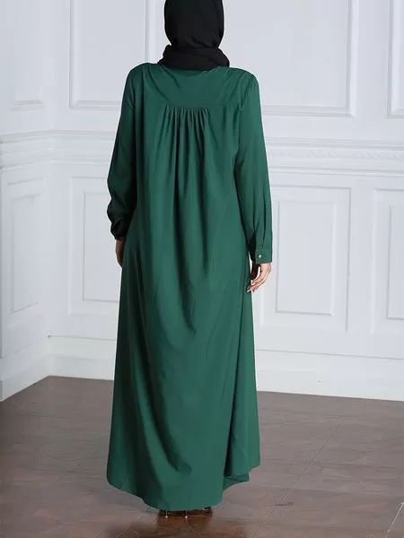 (M-7XL) Gillian Green Tassel Tie Plus Size Abaya Hijab Muslim Long Sleeve Maxi Dress