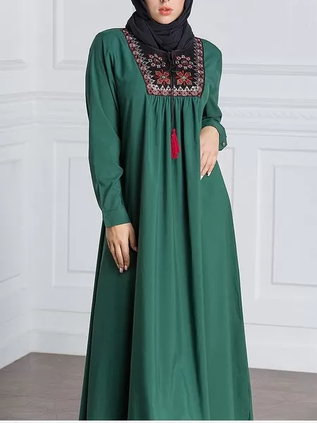 (M-7XL) Gillian Green Tassel Tie Plus Size Abaya Hijab Muslim Long Sleeve Maxi Dress