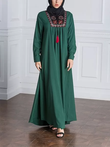 (M-7XL) Gillian Green Tassel Tie Plus Size Abaya Hijab Muslim Long Sleeve Maxi Dress