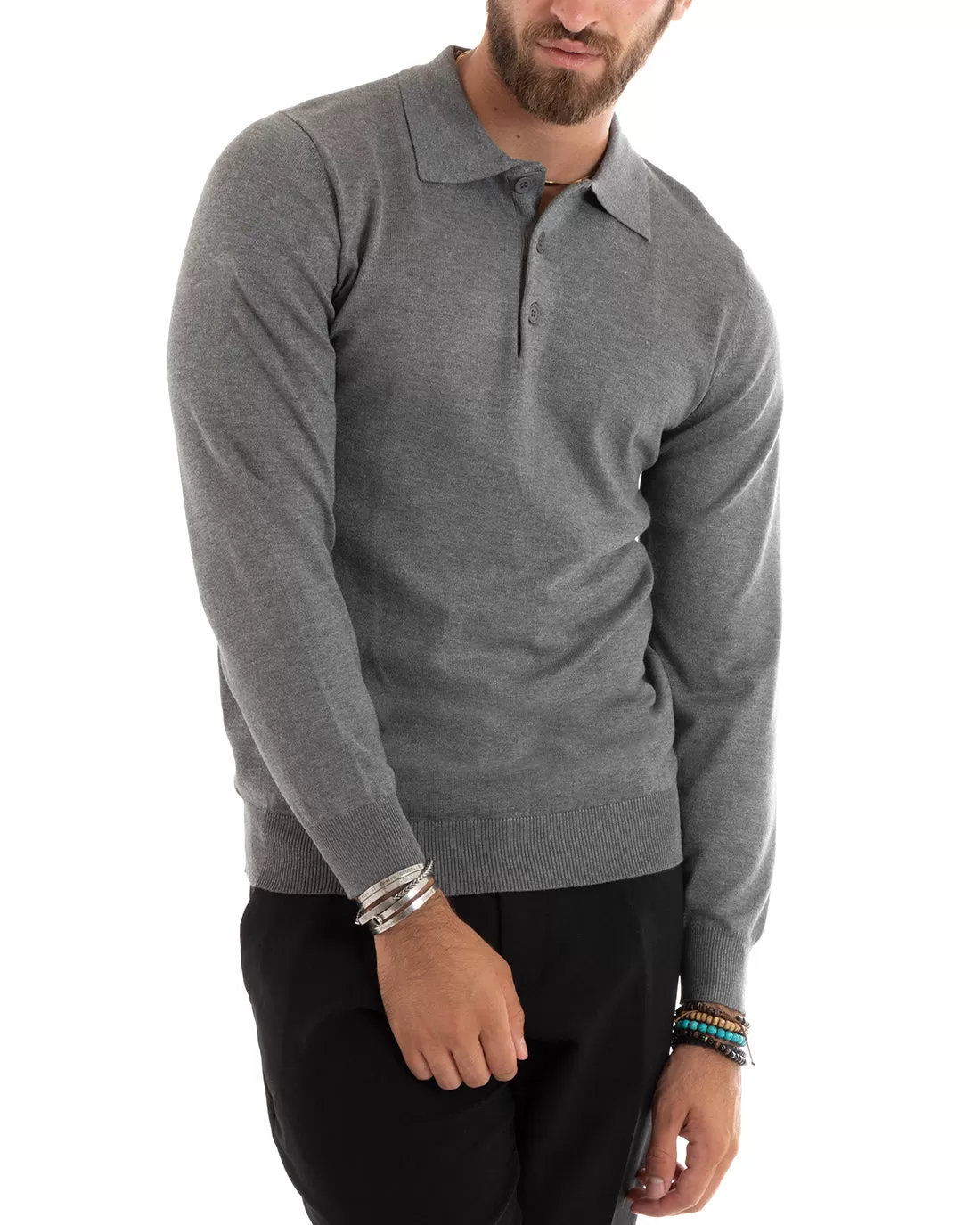 Maglioncino Uomo Casual Maglia Con Colletto Polo Tinta Unita Basic Grigio GIOSAL-M2685A