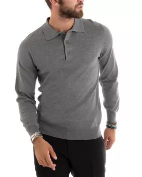 Maglioncino Uomo Casual Maglia Con Colletto Polo Tinta Unita Basic Grigio GIOSAL-M2685A