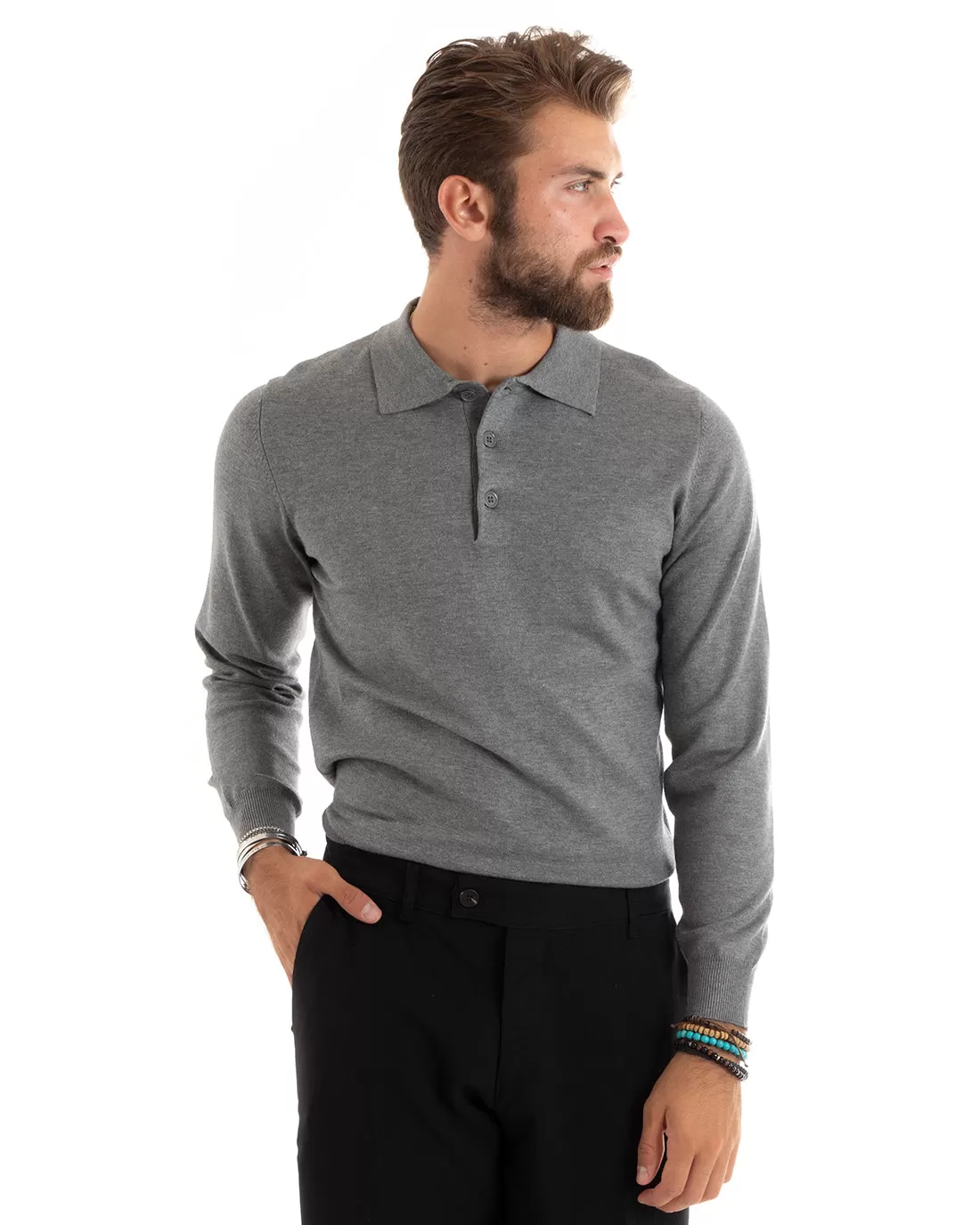 Maglioncino Uomo Casual Maglia Con Colletto Polo Tinta Unita Basic Grigio GIOSAL-M2685A