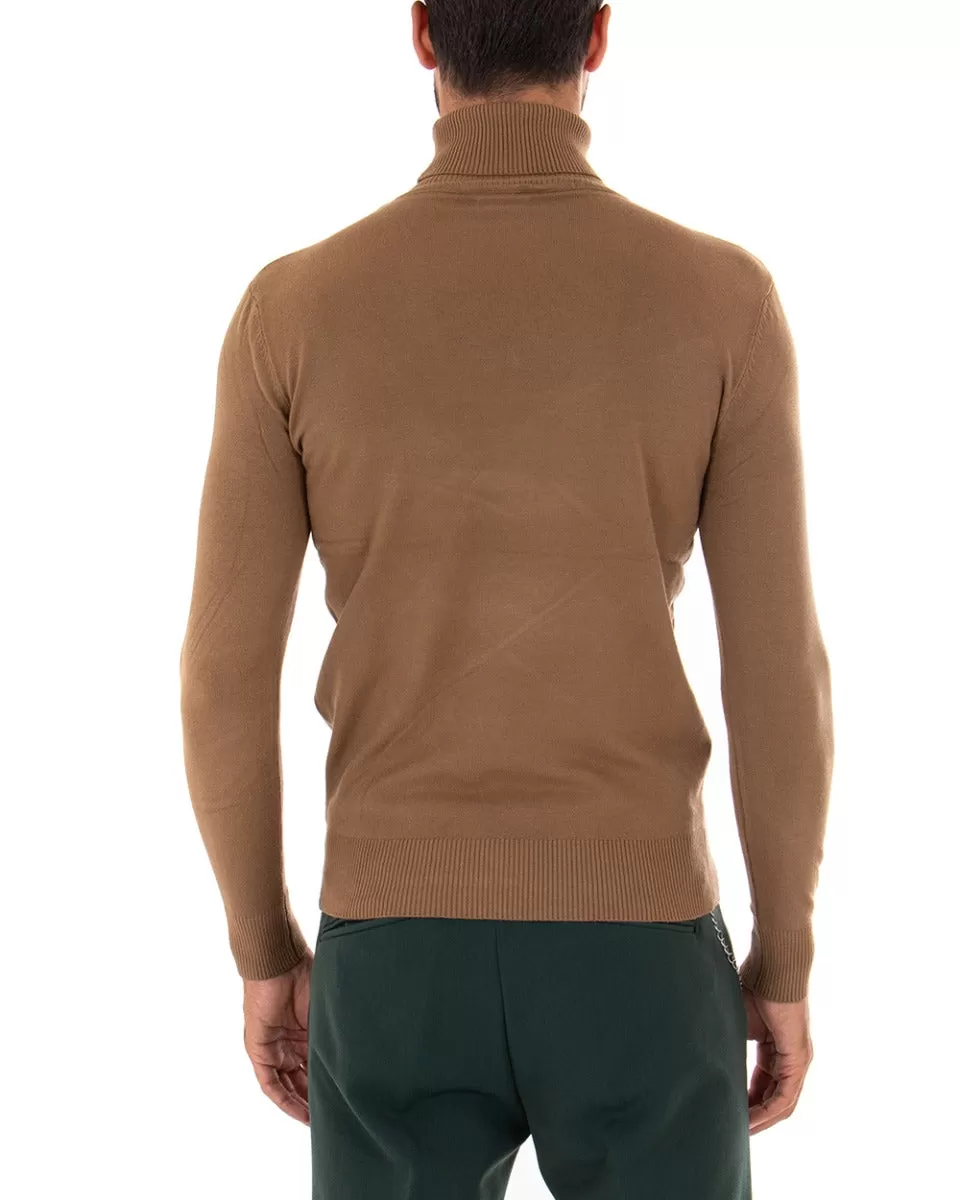 Maglioncino Uomo Maglia Maniche Lunghe Collo Alto Elastico Tinta Unita Camel GIOSAL-M2543A