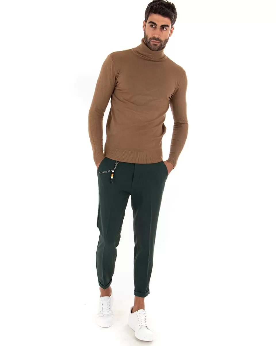 Maglioncino Uomo Maglia Maniche Lunghe Collo Alto Elastico Tinta Unita Camel GIOSAL-M2543A