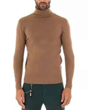 Maglioncino Uomo Maglia Maniche Lunghe Collo Alto Elastico Tinta Unita Camel GIOSAL-M2543A