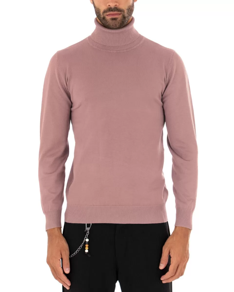 Maglioncino Uomo Maglia Maniche Lunghe Collo Alto Elastico Tinta Unita Rosa Antico GIOSAL-M2557A