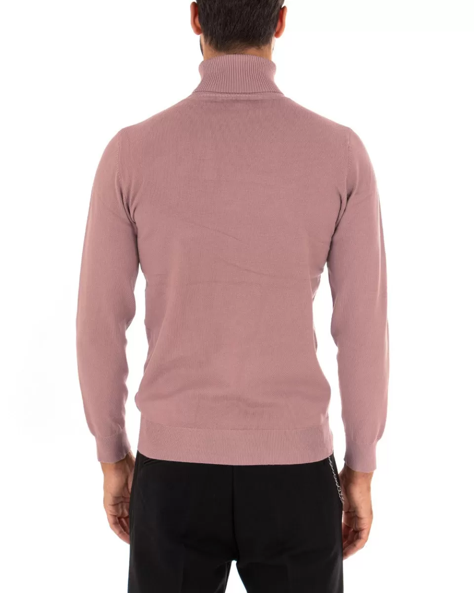 Maglioncino Uomo Maglia Maniche Lunghe Collo Alto Elastico Tinta Unita Rosa Antico GIOSAL-M2557A