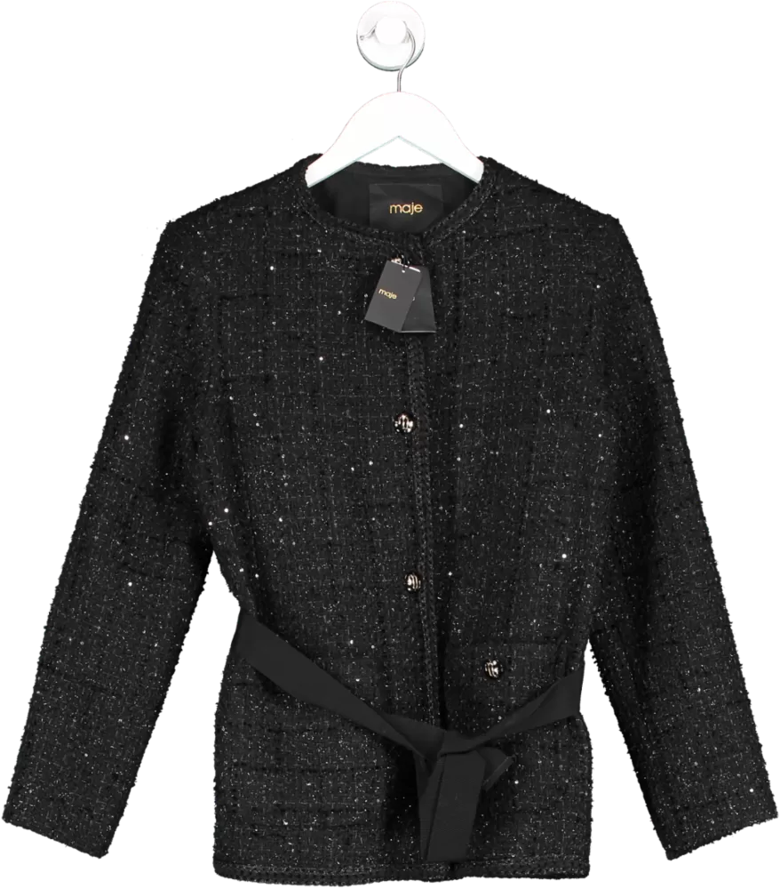 Maje Black Belted Tweed Jacket UK 10