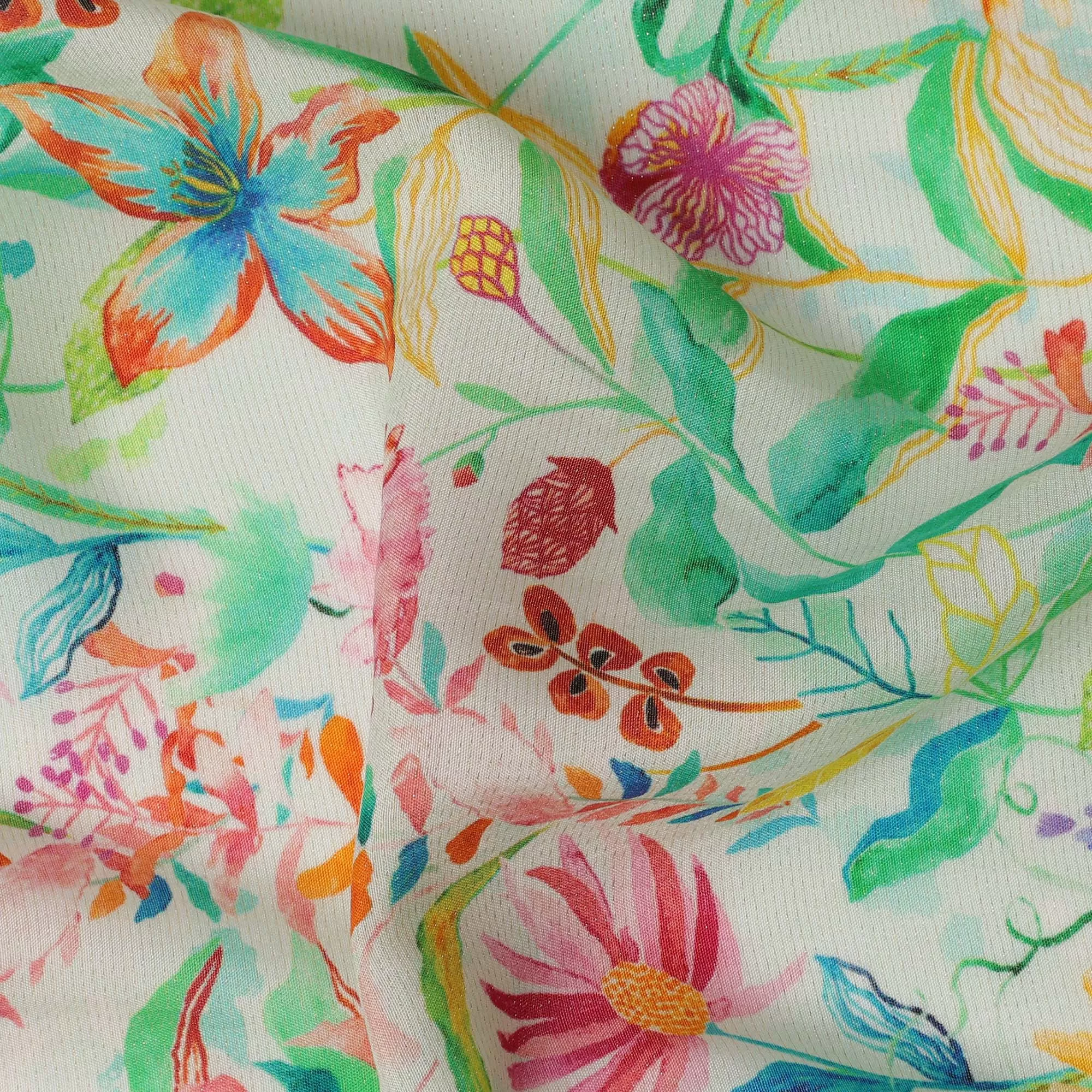 Mint Green Tropical Floral Viscose Crepe Digital Print Fabric, 110 cm Wide, Made in India-D20993