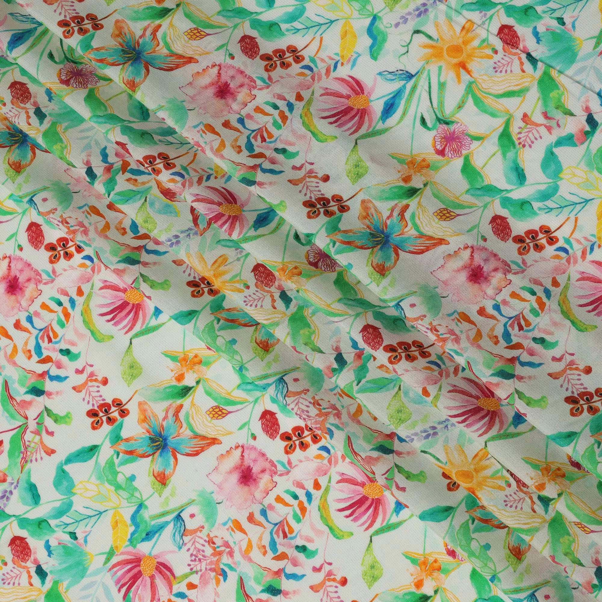 Mint Green Tropical Floral Viscose Crepe Digital Print Fabric, 110 cm Wide, Made in India-D20993