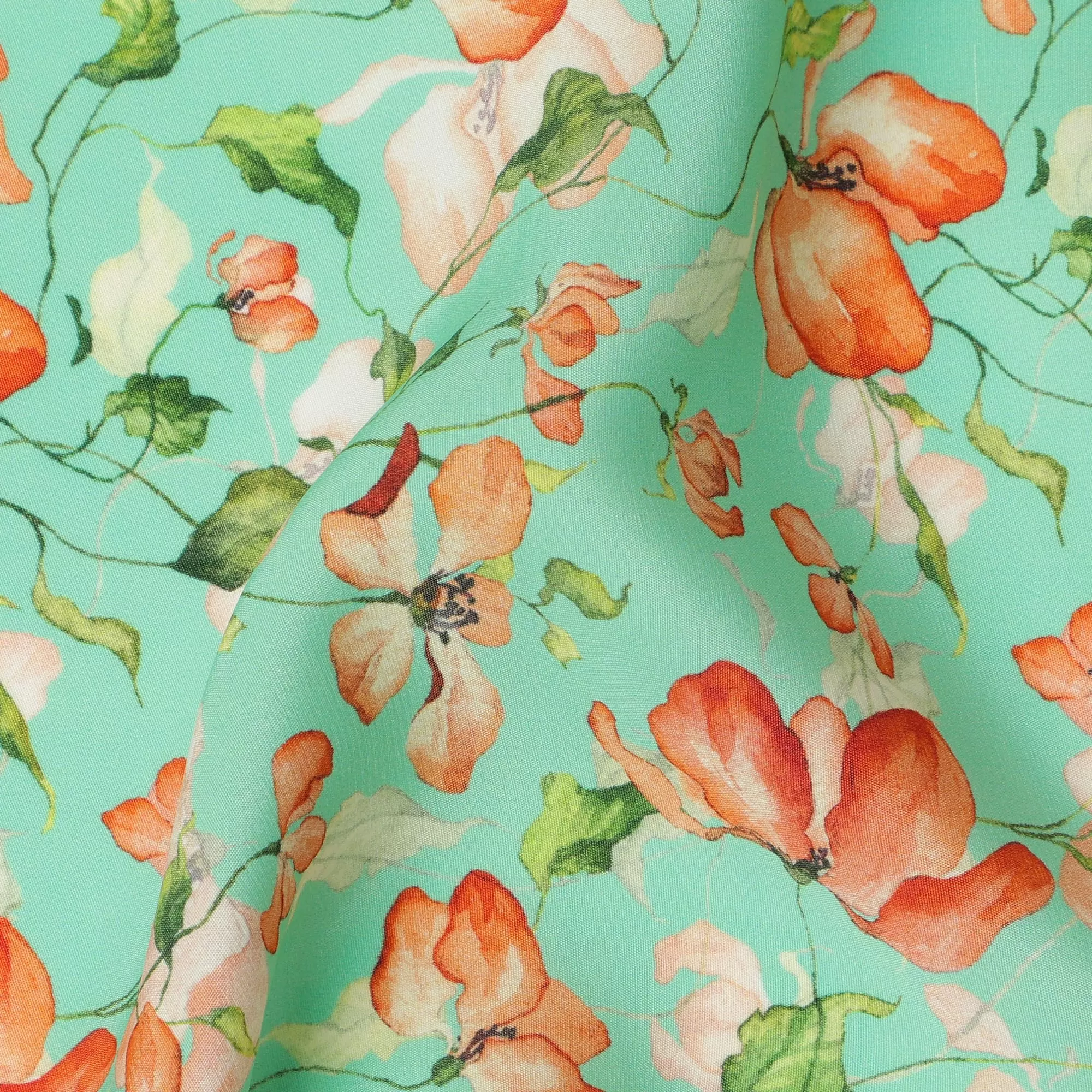 Mint Green Viscose Fabric with Orange Floral Digital Print, 110 cm Width-D20623