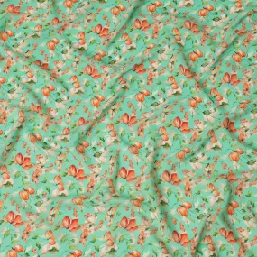 Mint Green Viscose Fabric with Orange Floral Digital Print, 110 cm Width-D20623