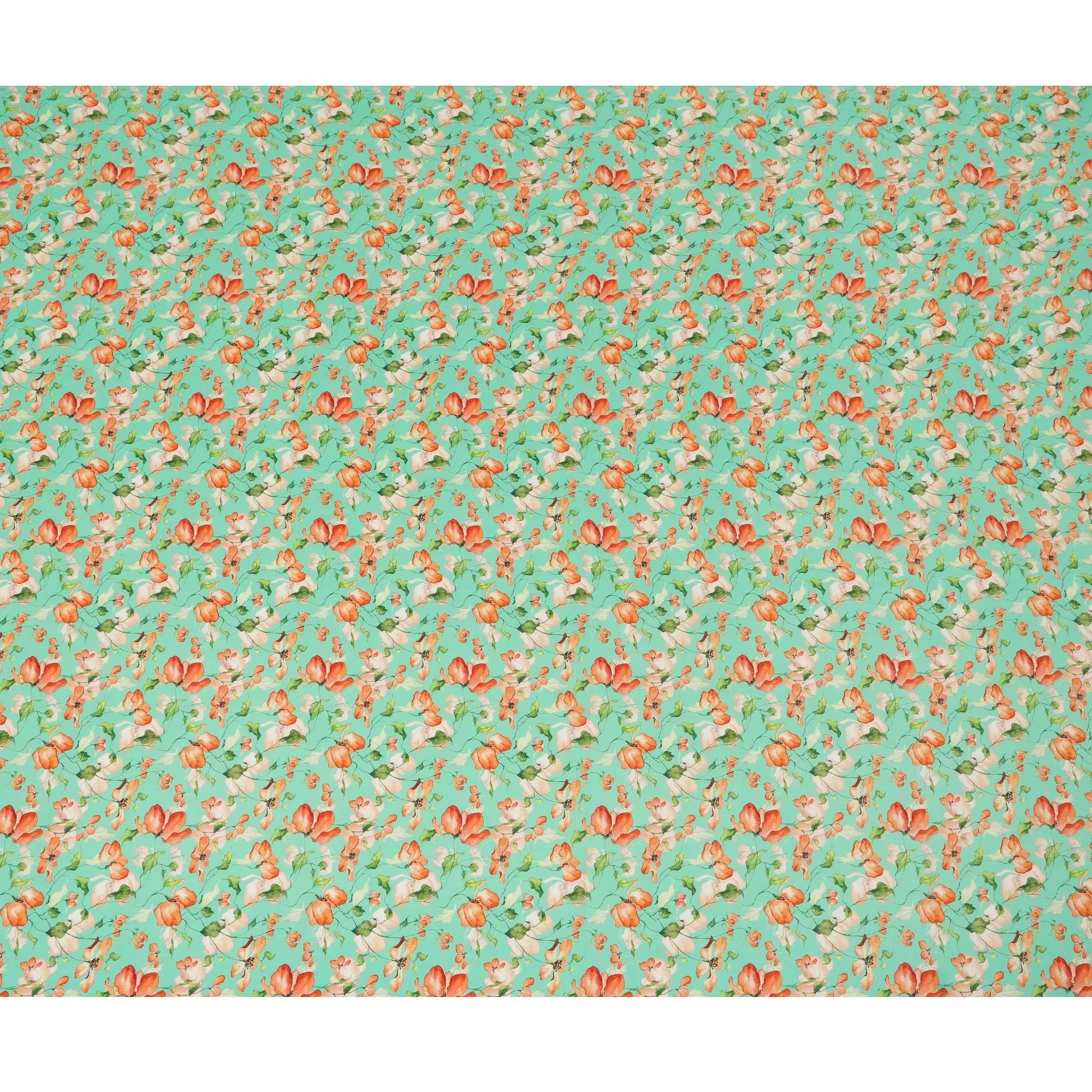 Mint Green Viscose Fabric with Orange Floral Digital Print, 110 cm Width-D20623