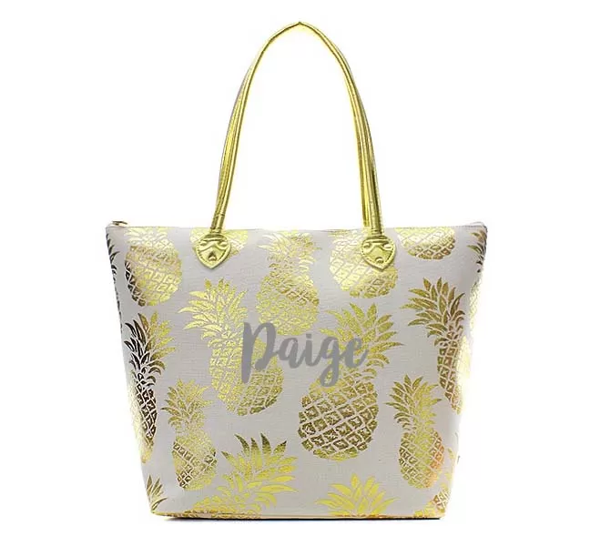 Monogrammed White and Gold metallic Pineapple tote bag GNPL909