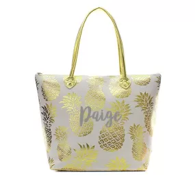 Monogrammed White and Gold metallic Pineapple tote bag GNPL909