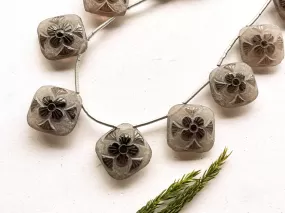 Natural Smoky Quartz Flower Carved Frosted Square Shape Beads