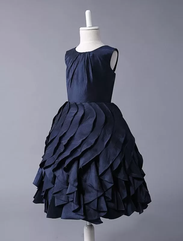 Navy Blue Taffeta Ruffle Flower Girl Dress With Skirt