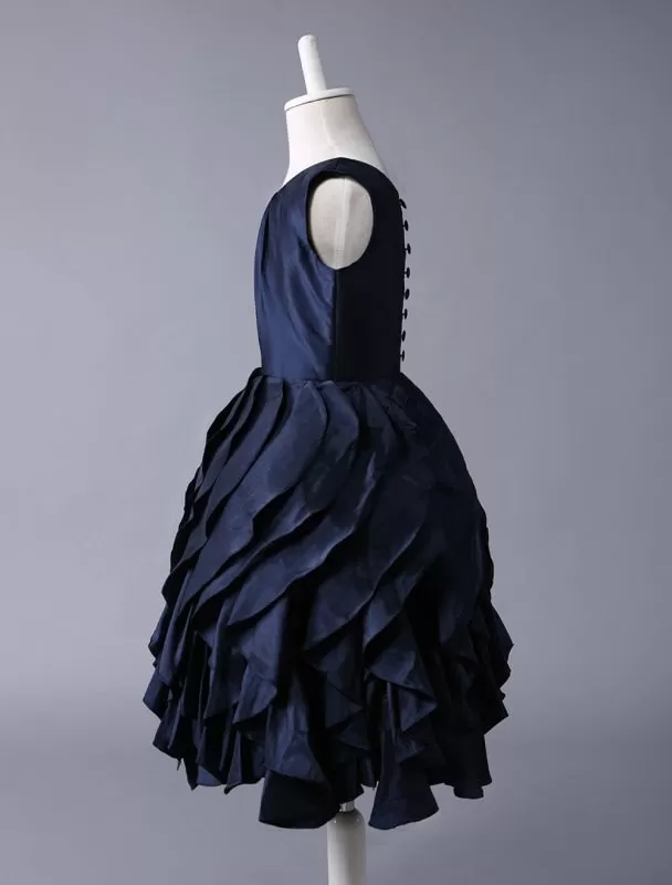 Navy Blue Taffeta Ruffle Flower Girl Dress With Skirt