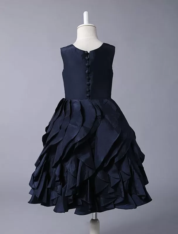 Navy Blue Taffeta Ruffle Flower Girl Dress With Skirt