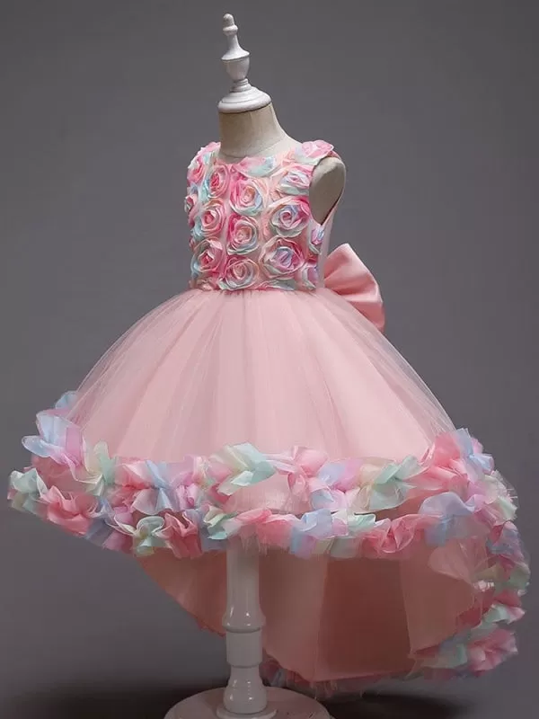 Pink 3D Floral Hi-Lo Flower Girl Dresses Sleeveless Sleeveless Tulle Formal Kids Dress