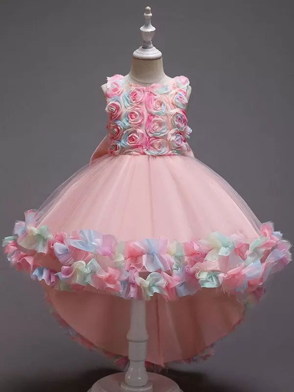 Pink 3D Floral Hi-Lo Flower Girl Dresses Sleeveless Sleeveless Tulle Formal Kids Dress