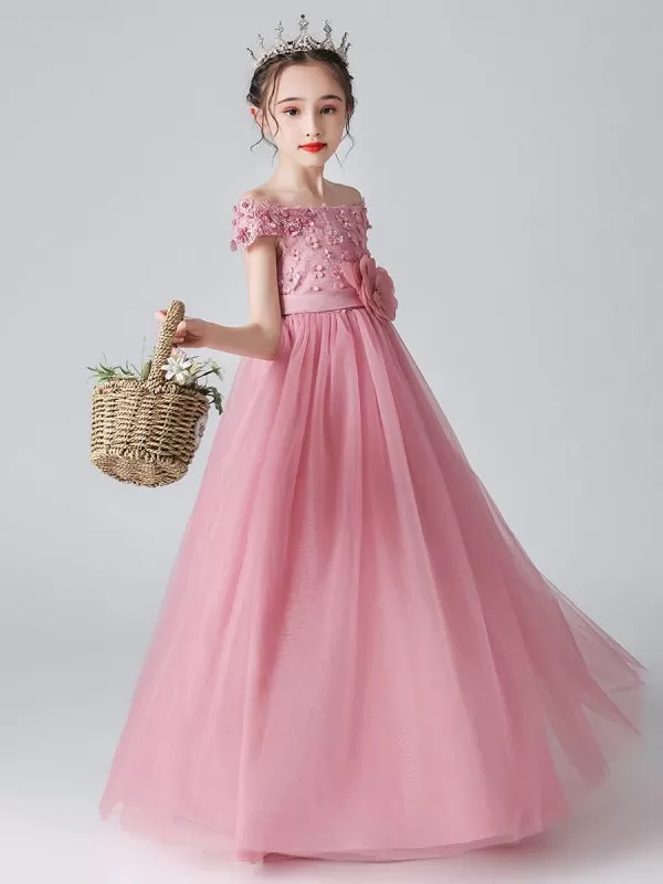 Pink Princess Flower Girl Dresses Bateau Neck Floral Tulle Bows Pageant Dresses for Kids