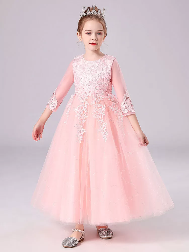 Pink Tulle A-line Flower Girl Dresses 3/4 Length Sleeves Lace Appliques Embroidered Kids Party Dresses