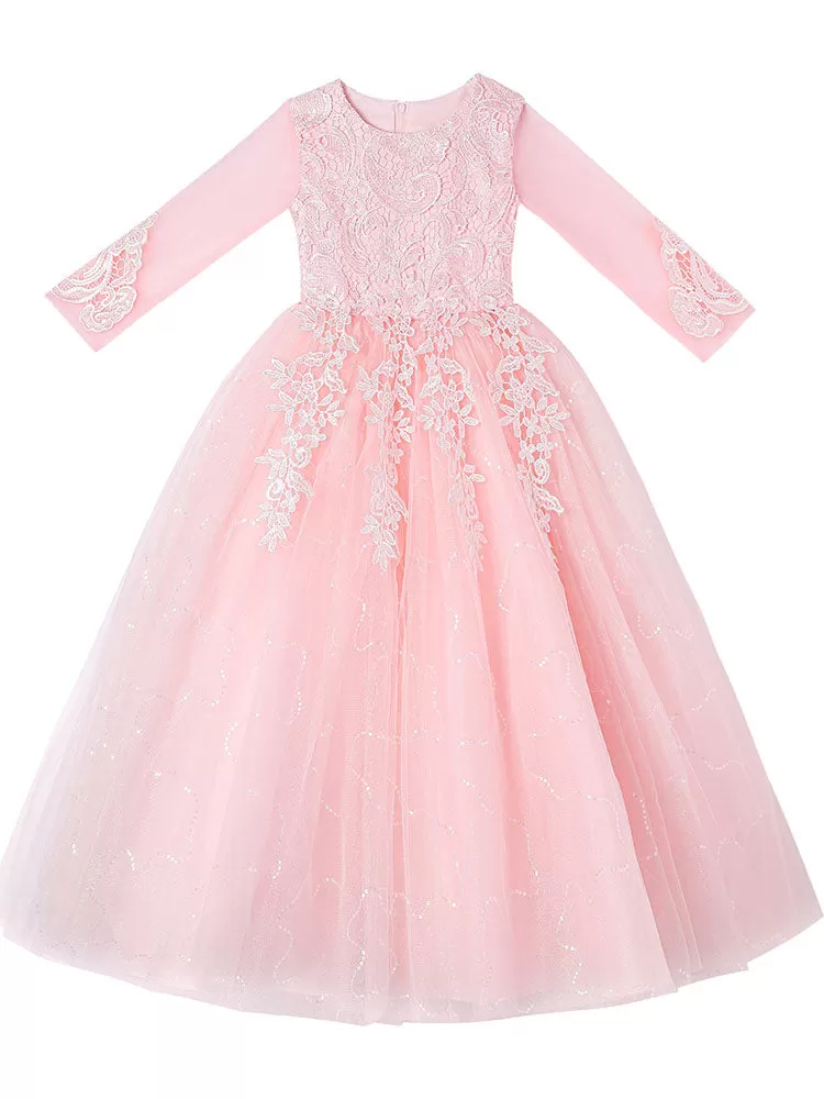 Pink Tulle A-line Flower Girl Dresses 3/4 Length Sleeves Lace Appliques Embroidered Kids Party Dresses