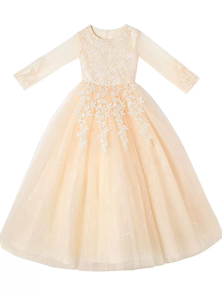 Pink Tulle A-line Flower Girl Dresses 3/4 Length Sleeves Lace Appliques Embroidered Kids Party Dresses