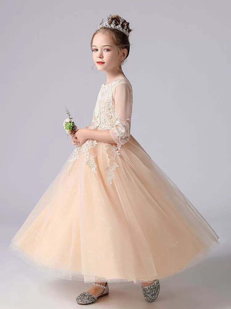 Pink Tulle A-line Flower Girl Dresses 3/4 Length Sleeves Lace Appliques Embroidered Kids Party Dresses