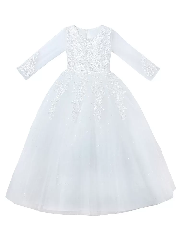 Pink Tulle A-line Flower Girl Dresses 3/4 Length Sleeves Lace Appliques Embroidered Kids Party Dresses