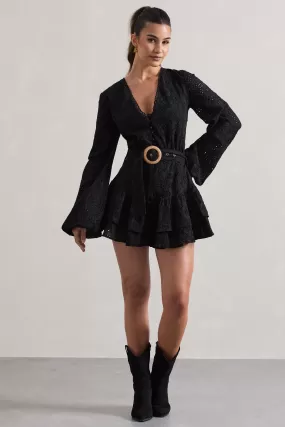 Places To Be | Black Broderie Belted Ruffled Playsuit