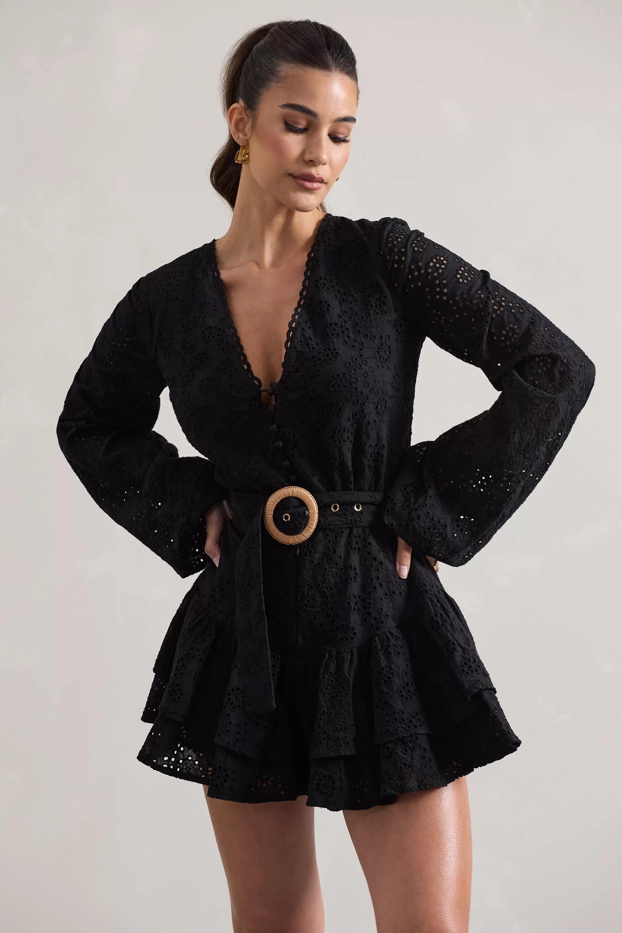 Places To Be | Black Broderie Belted Ruffled Playsuit