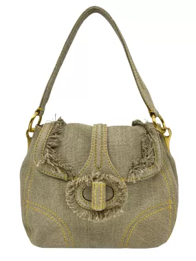 Prada Pattina Sottospalla Fringe Canvas Large Flap Bag