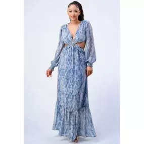 Printed V Neck Self Belted Side Cut Out Ruffled Maxi Dress