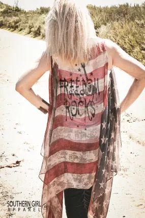 "FREEDOM ROCKS" American Flag Kimono Vest