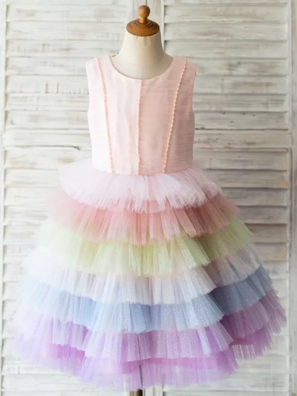 Rainbow Flower Girl Dresses Crew Neck Tulle Sleeveless Knee Length Princess Silhouette Pearls Kids Party Dresses