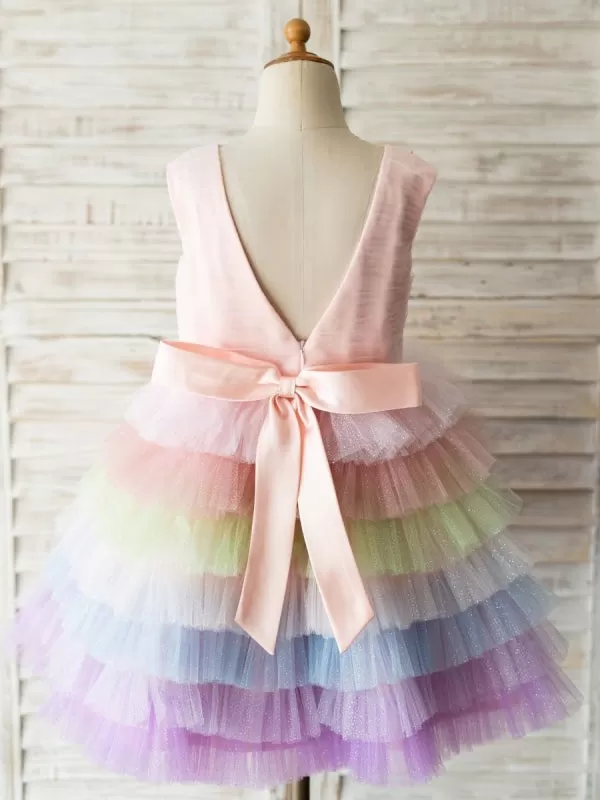 Rainbow Flower Girl Dresses Crew Neck Tulle Sleeveless Knee Length Princess Silhouette Pearls Kids Party Dresses