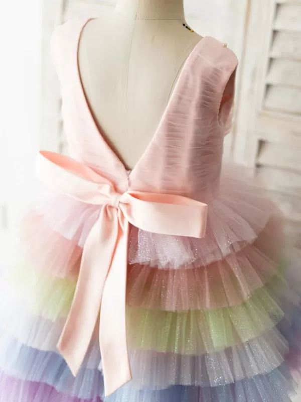 Rainbow Flower Girl Dresses Crew Neck Tulle Sleeveless Knee Length Princess Silhouette Pearls Kids Party Dresses