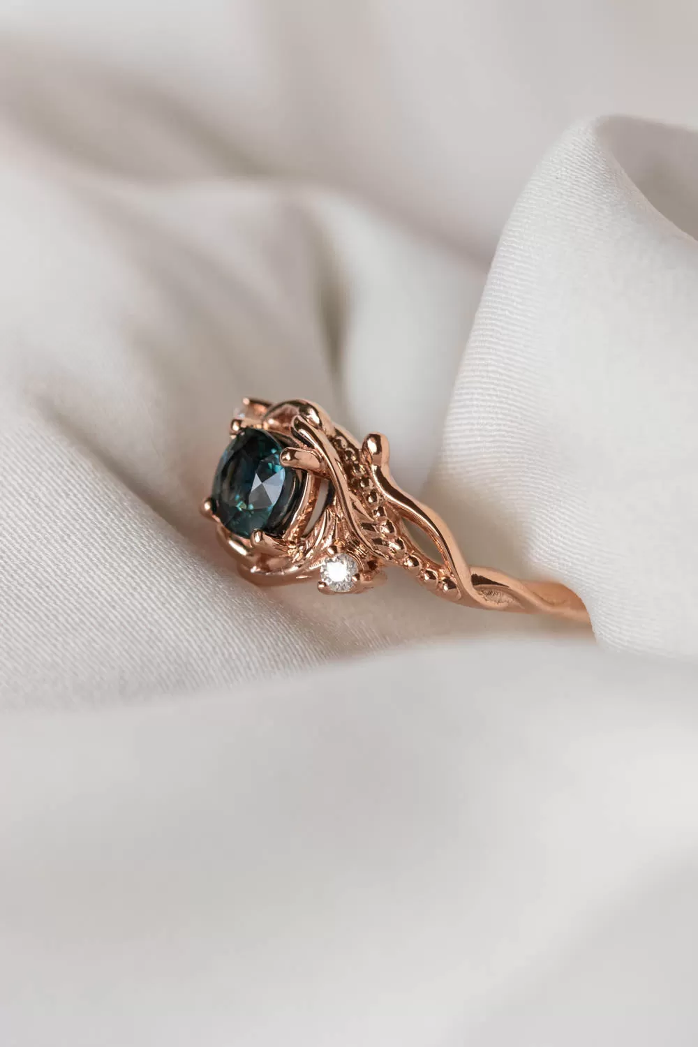 READY TO SHIP: Undina in 14K rose gold, natural teal sapphire, cushion cut, 6 mm, moissanites, RING SIZE 7 US