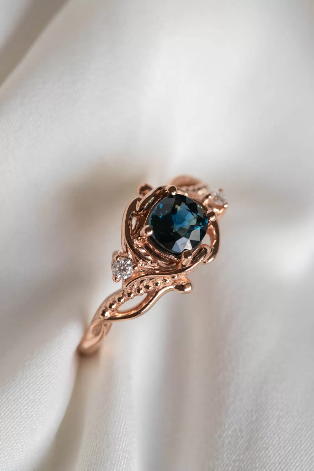 READY TO SHIP: Undina in 14K rose gold, natural teal sapphire, cushion cut, 6 mm, moissanites, RING SIZE 7 US